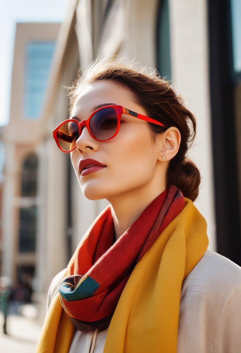 A chic person wearing stylish Cazal eyewear, showcasing bold frames and vibrant colors, standing confidently against a minimalist urban backdrop. The scene captures the joy of style and self-expression, with rays of sunlight reflecting off the lenses. Include elements of fashion accessories like scarves or hats to accentuate the look. modern fashion photography. vibrant colors. white background.