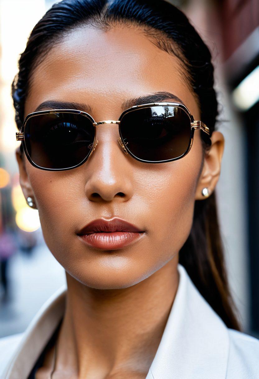 A close-up of a stylish individual wearing Cazal shades, showcasing a luxurious blend of modern design and classic elegance. The background features a chic urban setting with soft, ambient lighting, highlighting the textures of the shades. Include subtle reflections in the lenses that reveal glimpses of a fashionable lifestyle. Emphasize rich colors and opulent materials. super-realistic. vibrant colors. 3D.